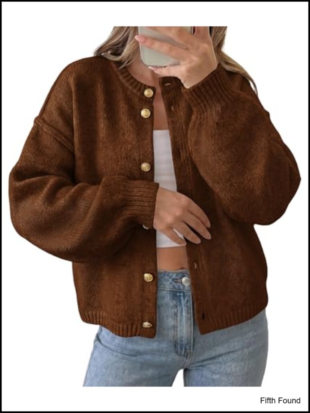 Chunky Knit Button Up Cardigan Sweater Lantern Sleeve Crew Neck
